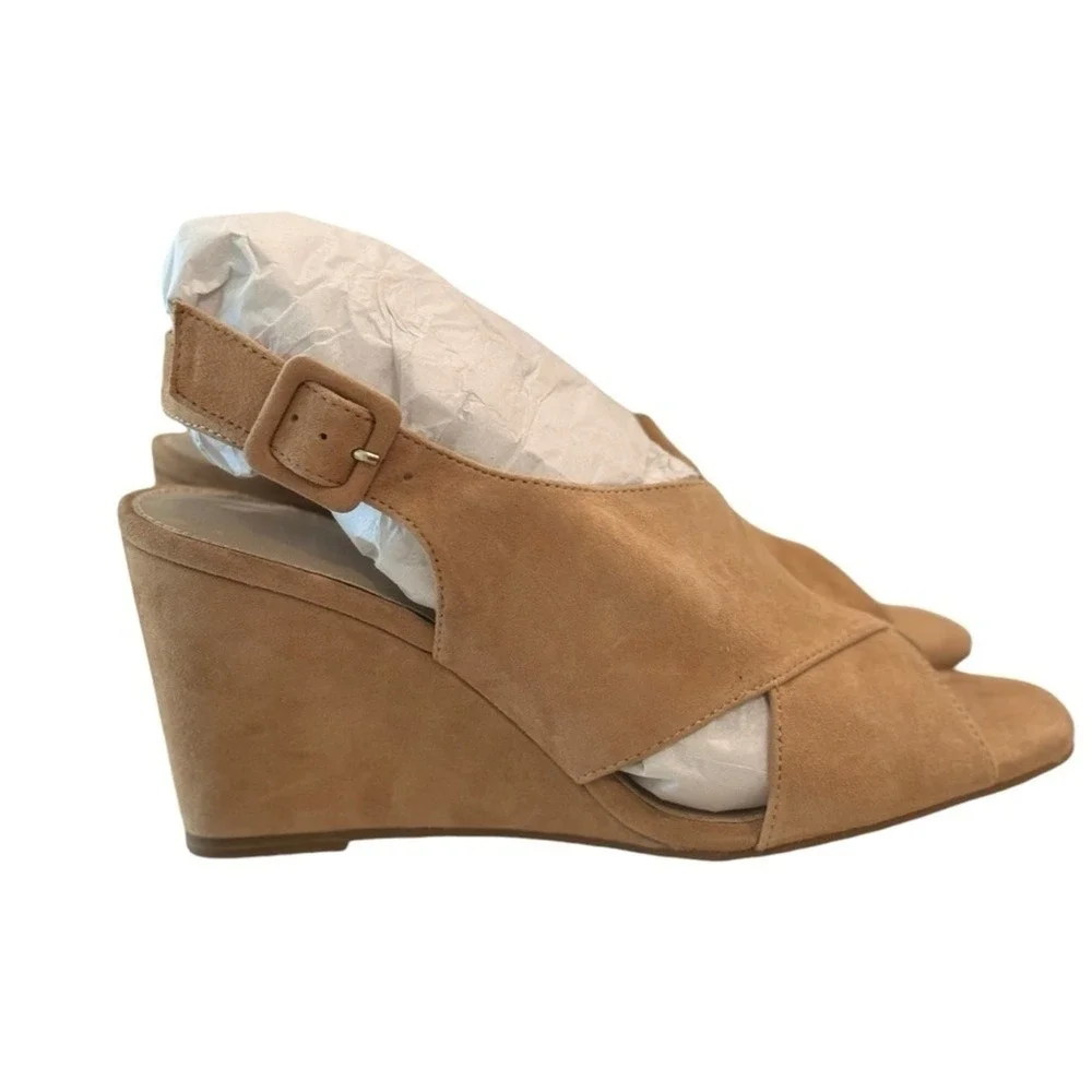 Pelle Moda Rina-Su Latte Suede Wedge Sandals Tan‎ Slingback Buckle Womens 9.5M